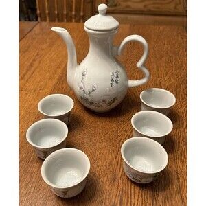 Asian Sage Green Long Neck Saki Teapot & 6 Cups Dogwood Branch Japanese Vintage
